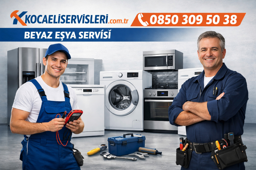 Kocaeli’de beyaz eşya tamiri yapan teknik servis ekibi çamaşır makinesi ve buzdolabı önünde